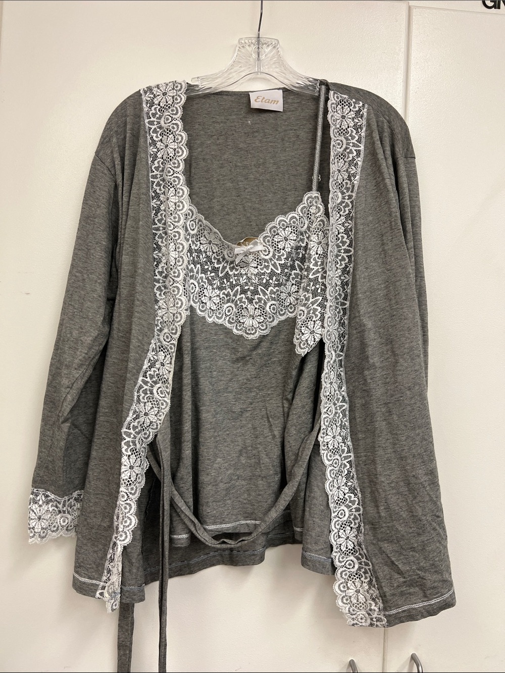 Etam Grey Lace-Trim Wrap Cardian and Cami Top - Women's Intimates Matching Coord